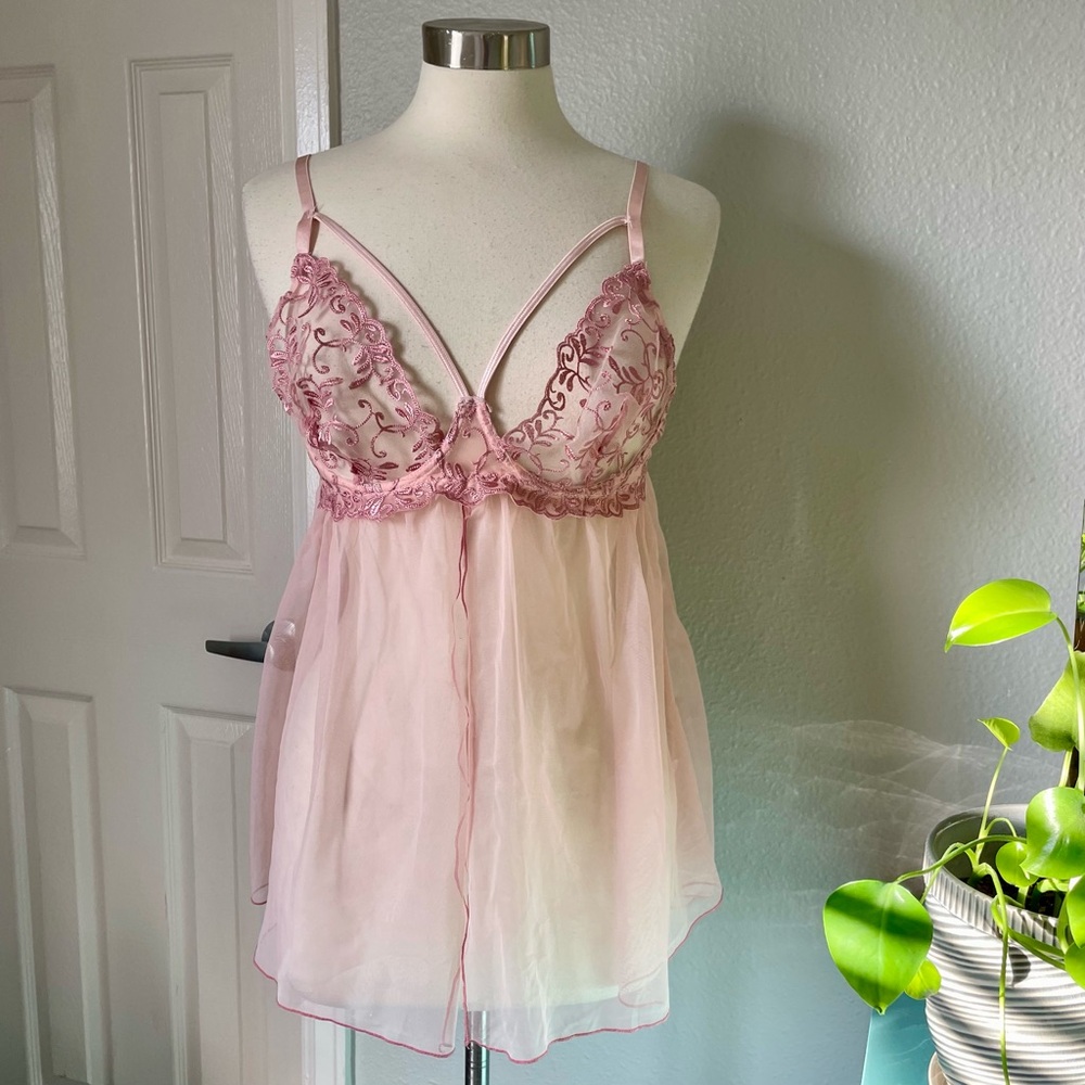 Dreamgirl Blush Pink Sheer Mesh Chemise Babydoll Floral Bodice Large Lingerie